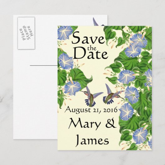 Carte Postale Faire-part Oiseaux Colibris Fleurs Floral Enregistrer Date (Devant / Derrière)