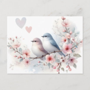 Carte Postale Faire-part Oiseaux d'amour romantiques Branche de fleurs de c