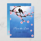 Carte Postale Faire-part Oiseaux de l'amour et Sakura, Sauvegarder la date (Devant / Derrière)