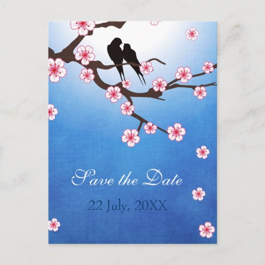 Carte Postale Faire-part Oiseaux de l'amour et Sakura, Sauvegarder la date (Devant)
