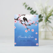 Carte Postale Faire-part Oiseaux de l'amour et Sakura, Sauvegarder la date (Debout devant)