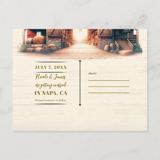 Carte Postale Faire-part Old Red Barn Rustic Mariage campagnard Enregistrer (Dos)