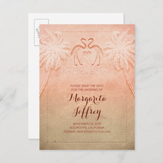 Carte Postale Faire-part Ombre jolie plage de flamingo enregistrer la date (Devant / Derrière)