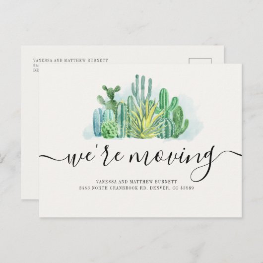 Carte Postale Faire-part On déplace les cactus d'aquarelle Changement d'adr (Devant / Derrière)