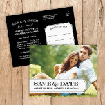 Carte Postale Faire-part Onglet noir et blanc Photo moderne Enregistrer la<br><div class="desc">Chic vintage photo mariage carte postale Enregistrer la Date. Le design comprend votre photo fiançailles avec un cadre de tabulation simple et élégant et de l'espace pour votre date de mariage et les noms de mariée et de mariée sur le devant. Un élégant mélange de typographie traditionnelle et de script...</div>
