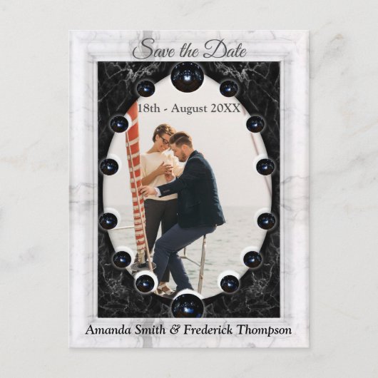 Carte Postale Faire-part Opulent Marbre Blanc & Noir + Sphères (Devant)