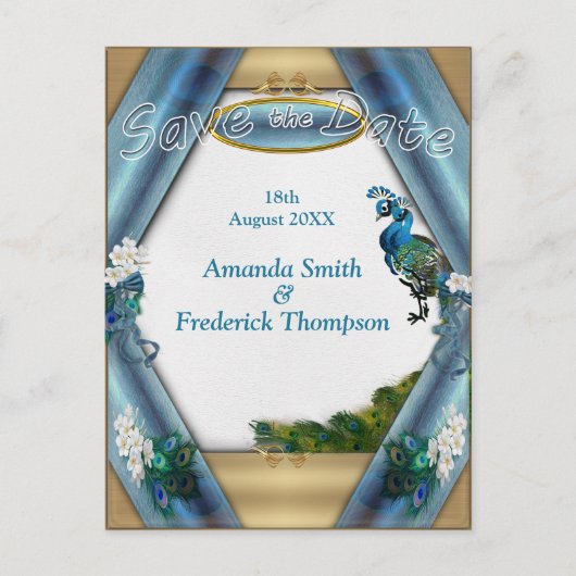 Carte Postale Faire-part Or, 2 paons, plumes sur soie vert émeraude (Devant)