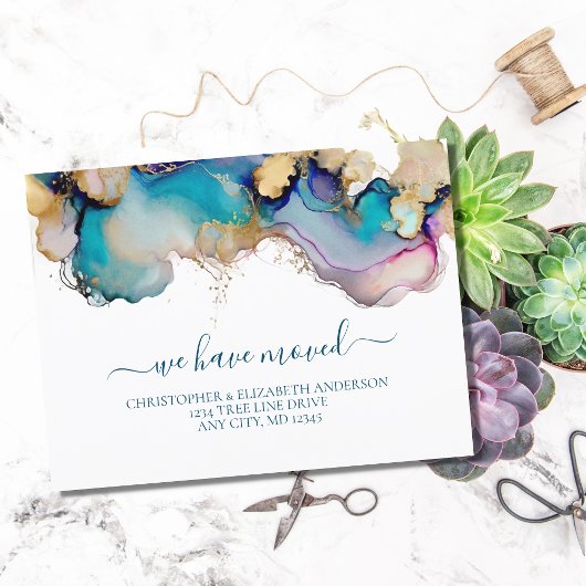 Carte Postale Faire-part Or bleu Lavis aquarelle Splash Abstrait en mouveme