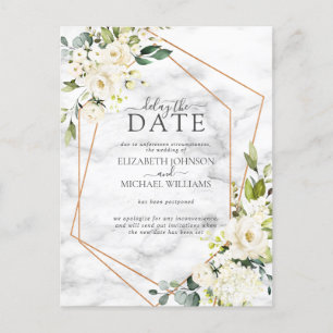 Carte Postale Faire-part Or Géométrique Blanc Marbre Floral Retard La Date