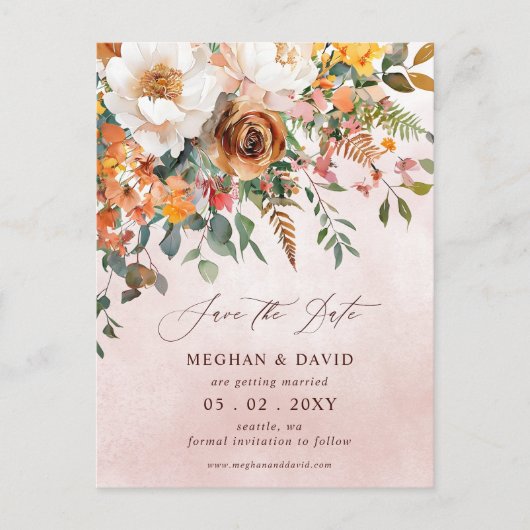 Carte Postale Faire-part Orange Floral Rustique Save the Date d'Automne (Devant)