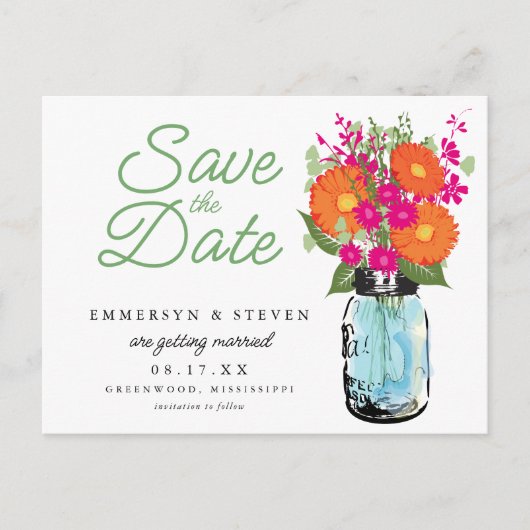 Carte Postale Faire-part Orange Gerber Daisies Mason Jar Enregistrer la dat (Devant)