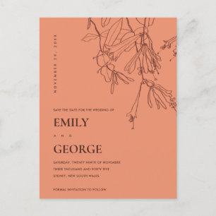 CARTE POSTALE FAIRE-PART ORANGE RUST RED LINE DESSIN FLORAL ENREGISTRER LA 