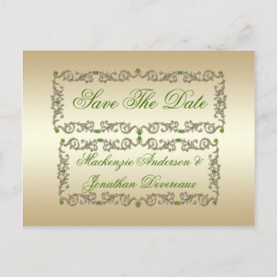 Carte Postale Faire-part Ornate Lime Green Gems Gold Swirls Enregistrer La