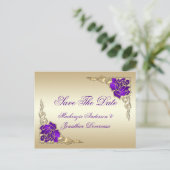 Carte Postale Faire-part Ornate Purple Rose Feuilles Or Enregistrer La Date (Debout devant)