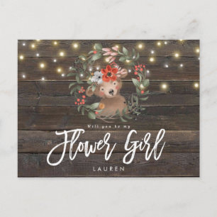 Carte Postale Faire-part ours brun floral rustique veux-tu être ma demoisel