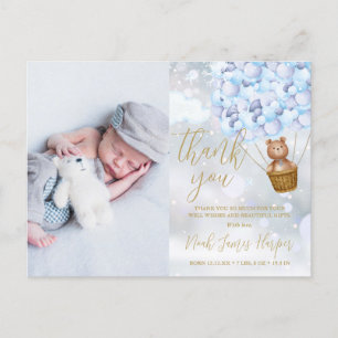 Carte Postale Faire-part Ours Mignon Bleu Merci Hiver Photo Naissance Bébé