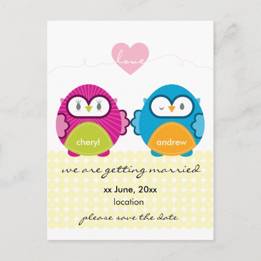 Carte Postale Faire-part OWL LOVE :: fille vive + garçon (Devant)