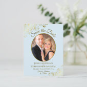 Carte Postale Faire-part Pale Blue & Gold Wedding Enregistrer la date Oval (Debout devant)