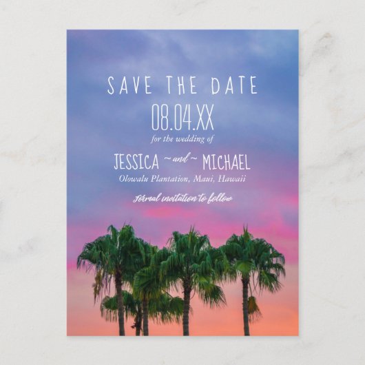 Carte Postale Faire-part Palm Tree Beach Sunset Sauvez les dates (Devant)