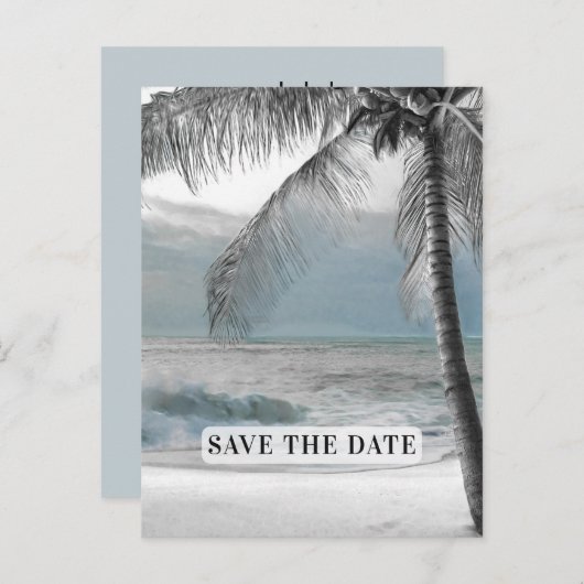 Carte Postale Faire-part Palmier blanc cocotier élégant chic save the date (Devant / Derrière)