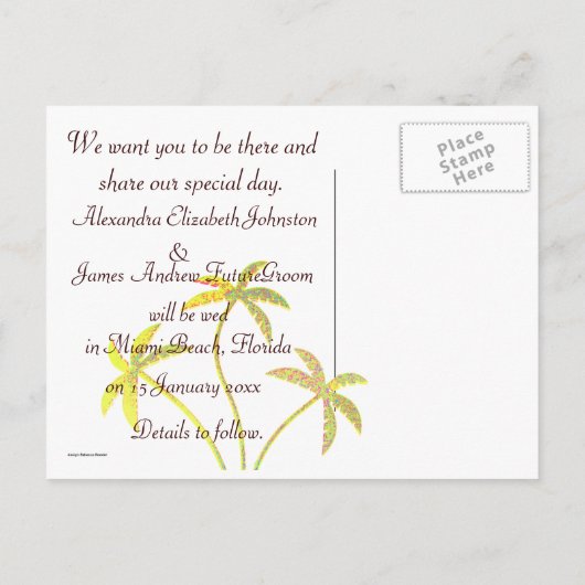 Carte Postale Faire-part Palmier Enregistrer la date Parties scintillant d' (Dos)