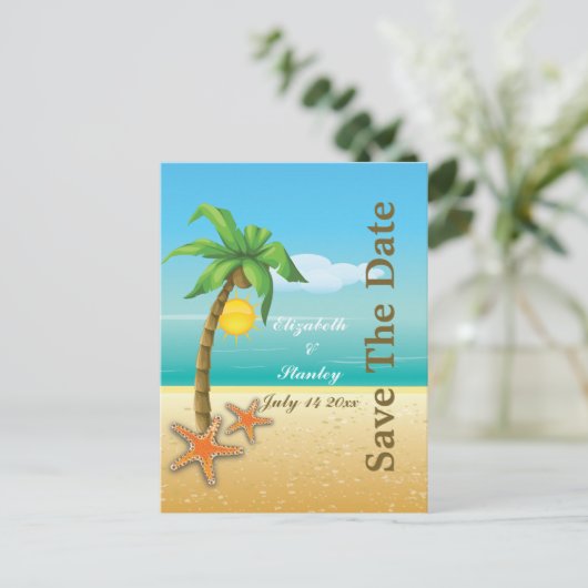 Carte Postale Faire-part Palmier & étoile de plage mariage Enregistrer la d (Debout devant)