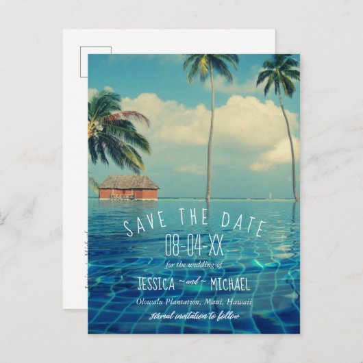 Carte Postale Faire-part Palmier tropical Hawaii Island Sauvez les dates (Devant / Derrière)