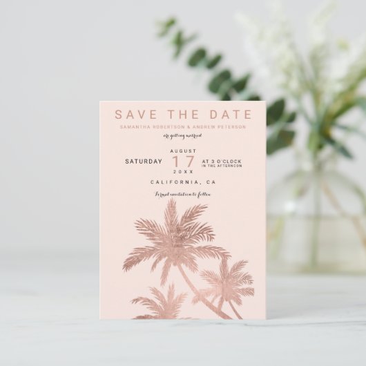 Carte Postale Faire-part Palmiers modernes rose gold blush save the date (Debout devant)