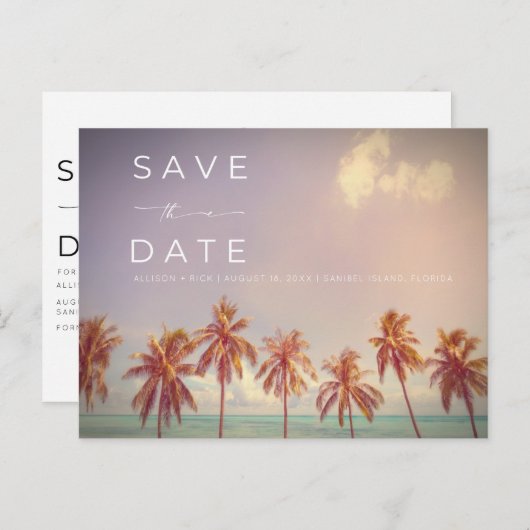 Carte Postale Faire-part Palms tropicaux Beach Mariage Enregistrer la date (Devant / Derrière)