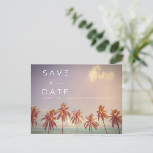 Carte Postale Faire-part Palms tropicaux Beach Mariage Enregistrer la date (Debout devant)