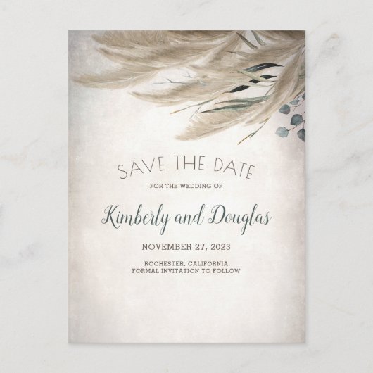 Carte Postale Faire-part Pampas Grass and Greenery Boho Enregistrer la date (Devant)