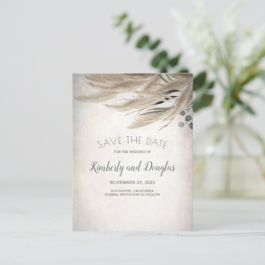 Carte Postale Faire-part Pampas Grass and Greenery Boho Enregistrer la date (Debout devant)