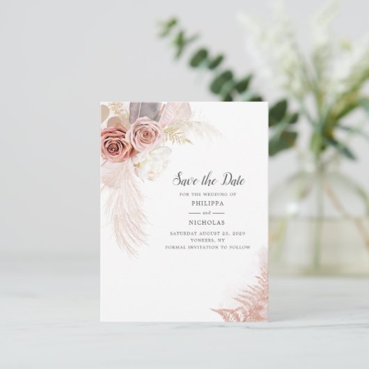 Carte Postale Faire-part Pampas Grass Floral Script Enregistrer La Date (Debout devant)