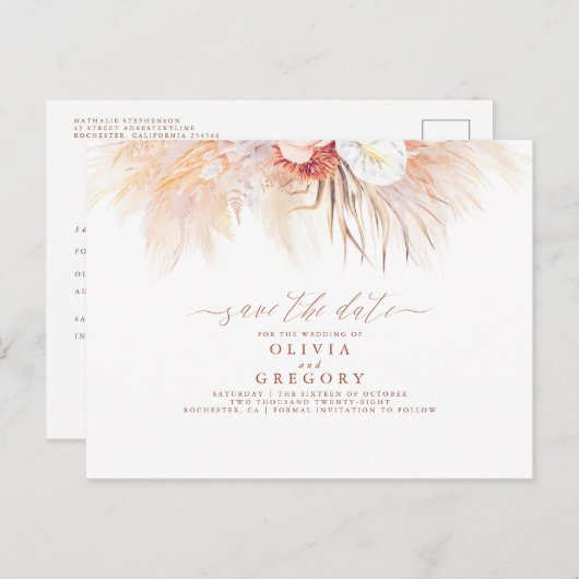 Carte Postale Faire-part Pampas Grass Floral Terracotta Enregistrer la date (Devant / Derrière)