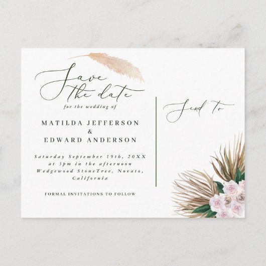 Carte Postale Faire-part Pampas herbe palmier orchidée moderne rustique (Dos)