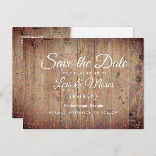Carte Postale Faire-part Panneaux en bois rustique Rainbow Confetti Enregis (Devant / Derrière)
