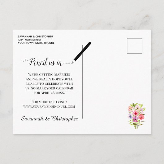 Carte Postale Faire-part Pansies d'aquarelle Mariage Enregistrer le calendr (Dos)