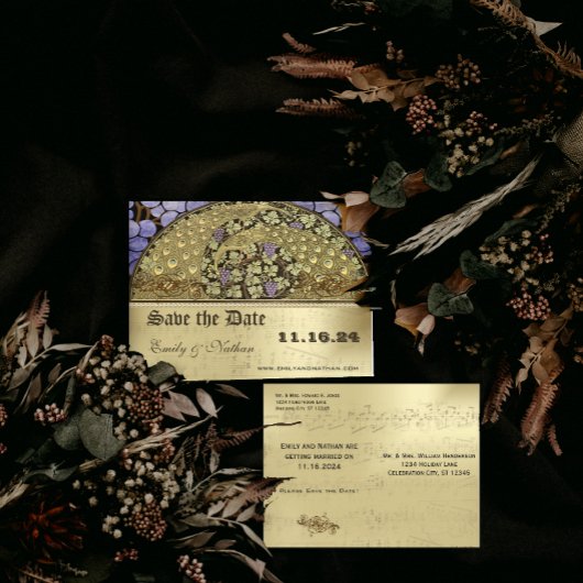 Carte Postale Faire-part Paon Art Nouveau de vignoble Enregistrer la date