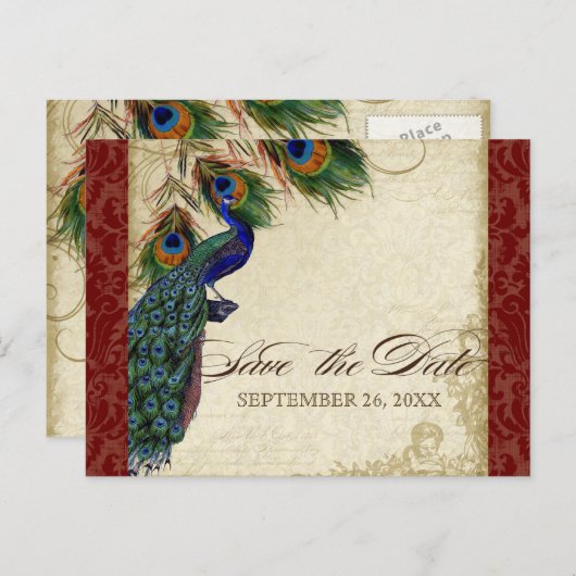 Carte Postale Faire-part Paon & Plumes Formel Date à retenir Bourgogne (Devant / Derrière)