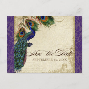Carte Postale Faire-part Paon & Plumes Formel Date à Sauvegarder Violet