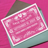 Carte Postale Faire-part Papel picado lovebirds mariage rose Enregistrer la