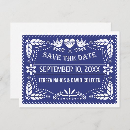 Carte Postale Faire-part Papel picado mariage bleu foncé Save the Date (Devant / Derrière)