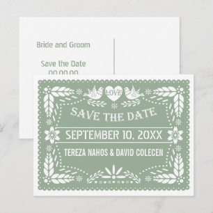 Carte Postale Faire-part Papel picado mariage vert sauge Économisez la date