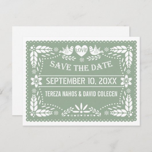 Carte Postale Faire-part Papel picado sauge mariage vert Enregistrer la dat (Devant / Derrière)