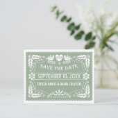 Carte Postale Faire-part Papel picado sauge mariage vert Enregistrer la dat (Debout devant)