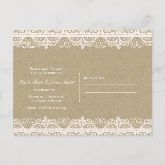 Carte Postale Faire-part Papier Brown & Dentelle Blanche Rustique Enregistr (Dos)