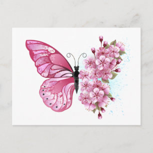 Carte Postale Faire-part Papillon à fleurs avec Sakura rose