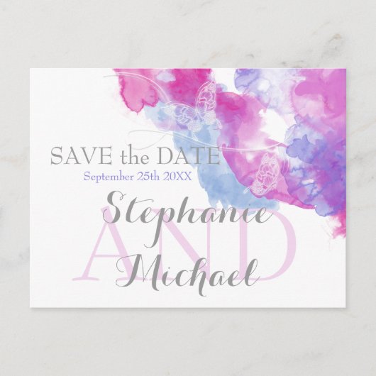 Carte Postale Faire-part Papillon aquarelle Baies Mixtes SavetheDate (Devant)