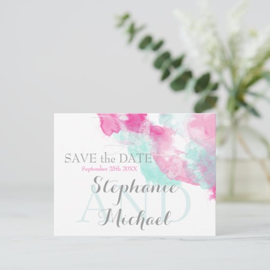 Carte Postale Faire-part Papillon Aquarelle Cranberry Menthe SavetheDate (Debout devant)