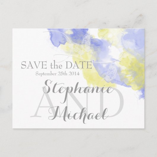 Carte Postale Faire-part Papillon Aquarelle Periwinkle Citron Enregistrer l (Devant)